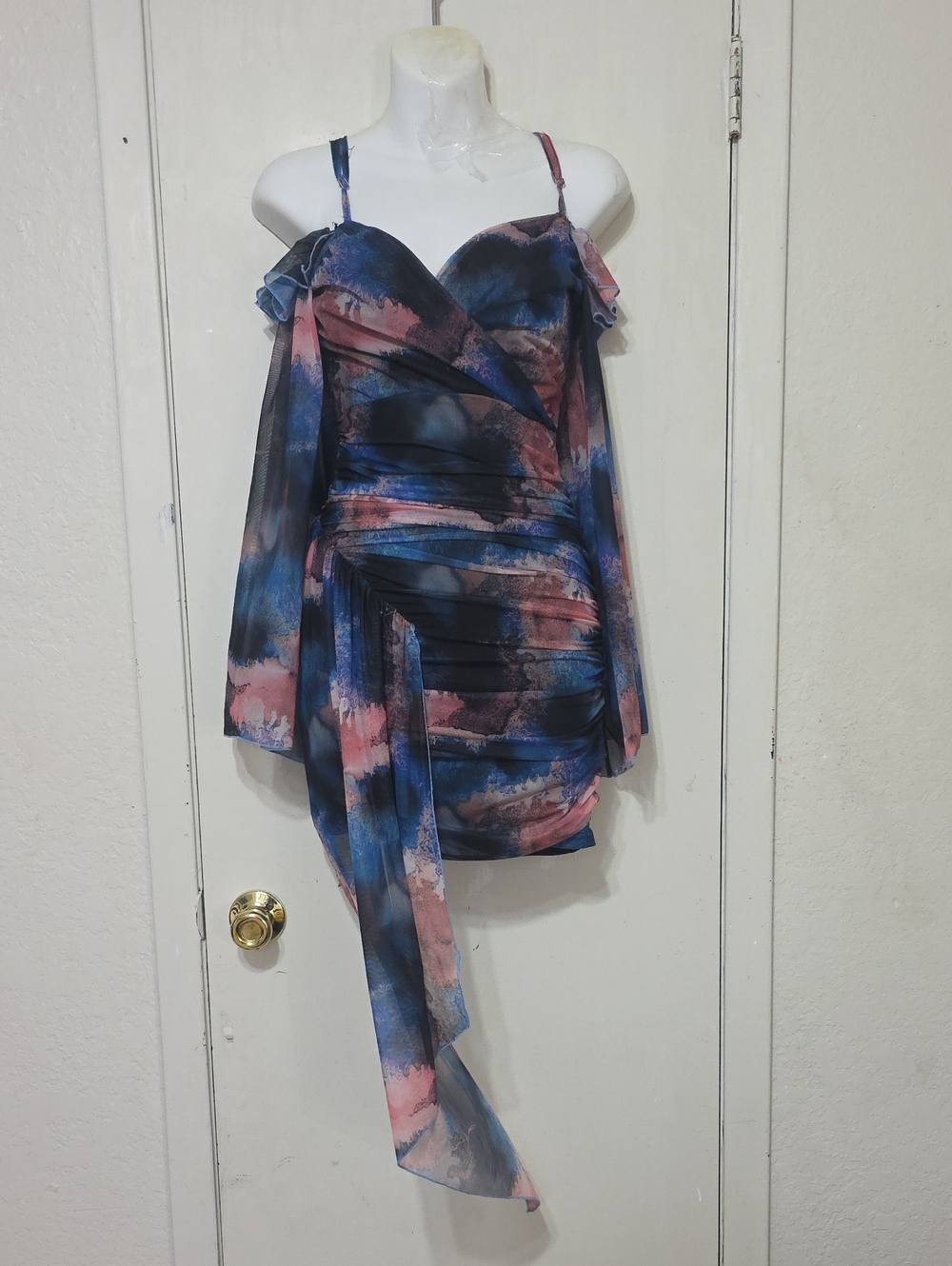 Women's Blue & Pink Off-Shoulder Ruched Dress